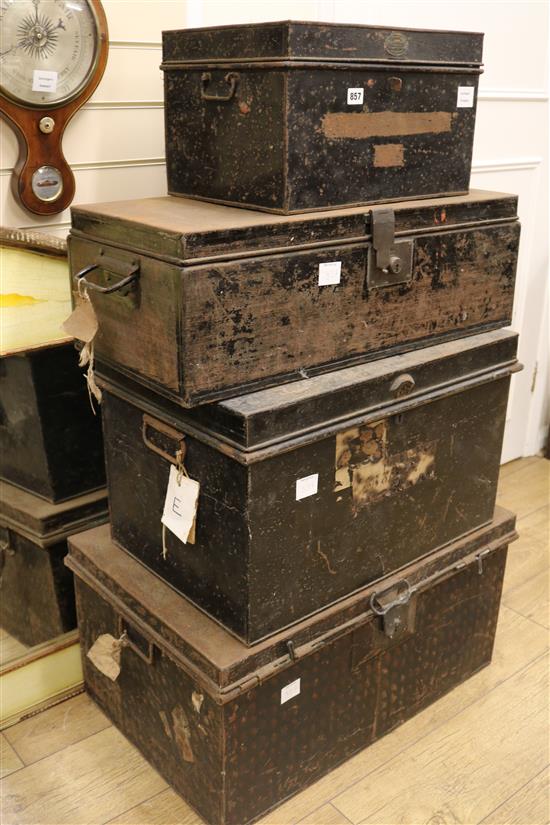 Four tin trunks largest W.74cm